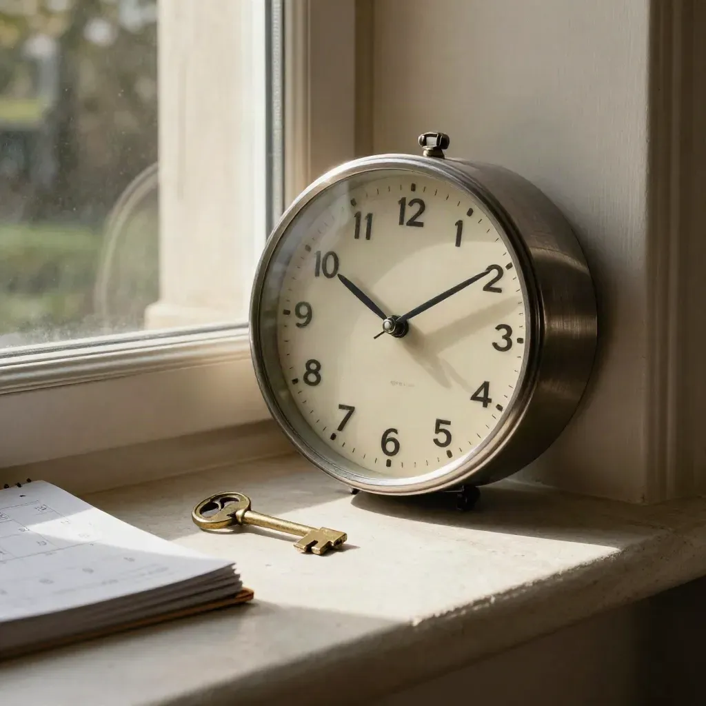 Pewterkleurige klok, gevouwen kalender en brass sleutel op vensterbank in warm middaglicht.