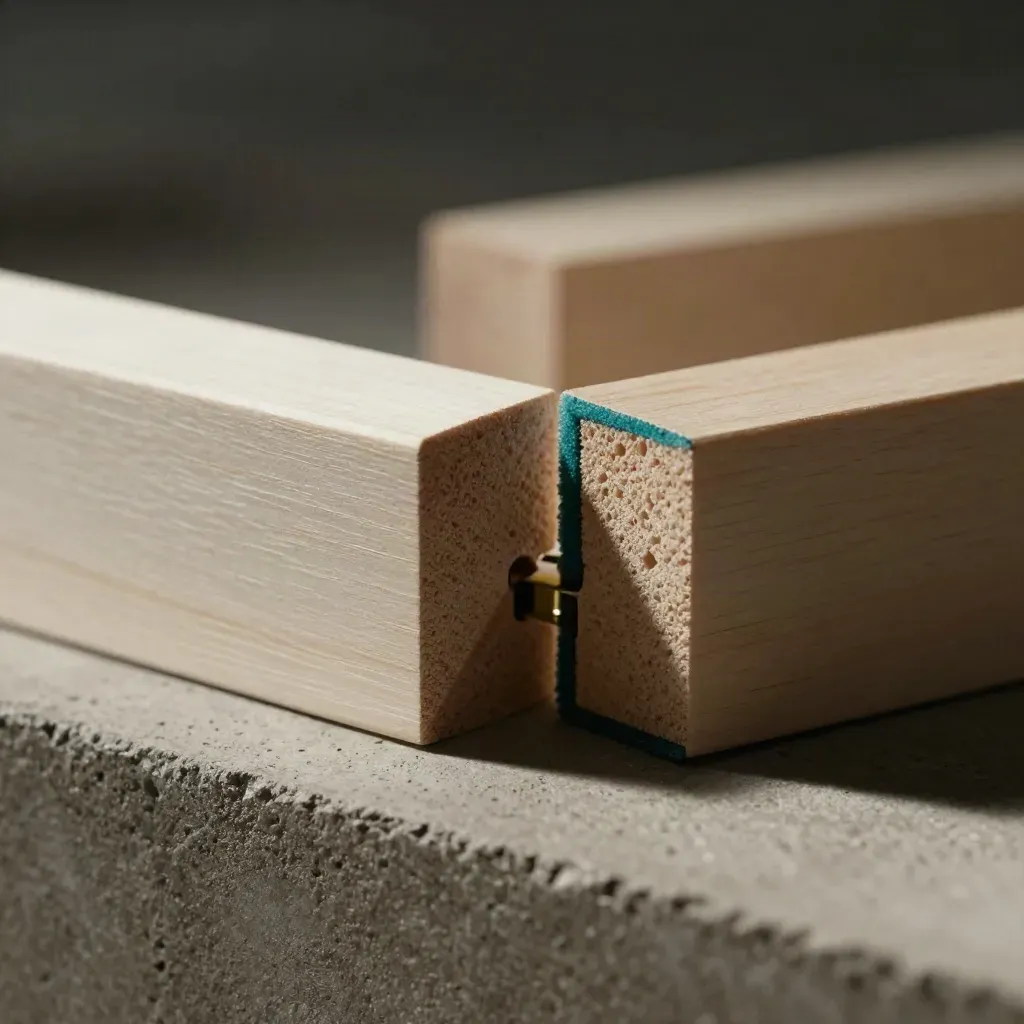 Houten blokken met een donkere opening en teal accent in dramatisch licht.