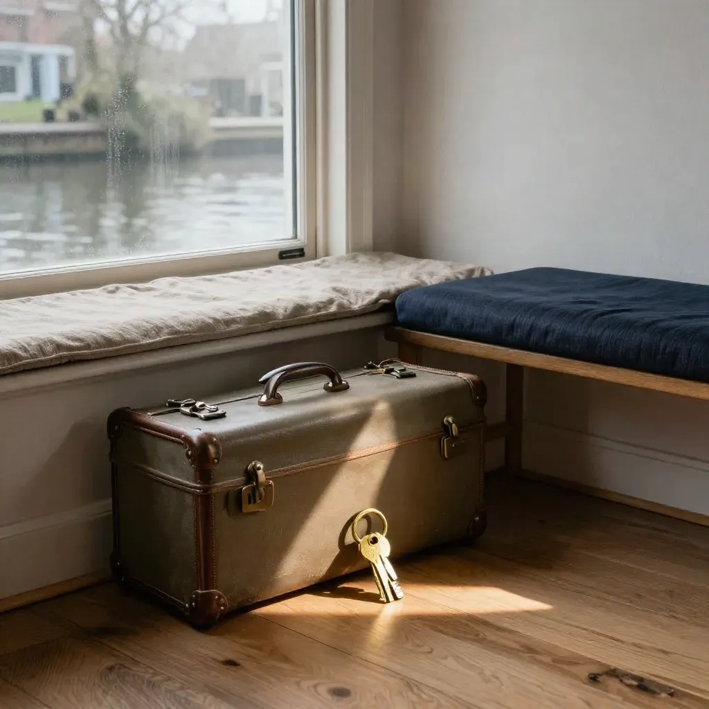 Rolkoffer, huissleutels en vensterbank in een compact appartement met mistig ochtendlicht.