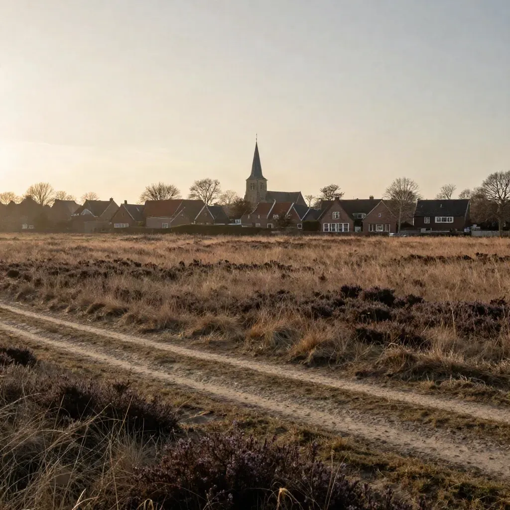 Brabantse heide met kerktoren en dorpsrand in warme gouden nevel